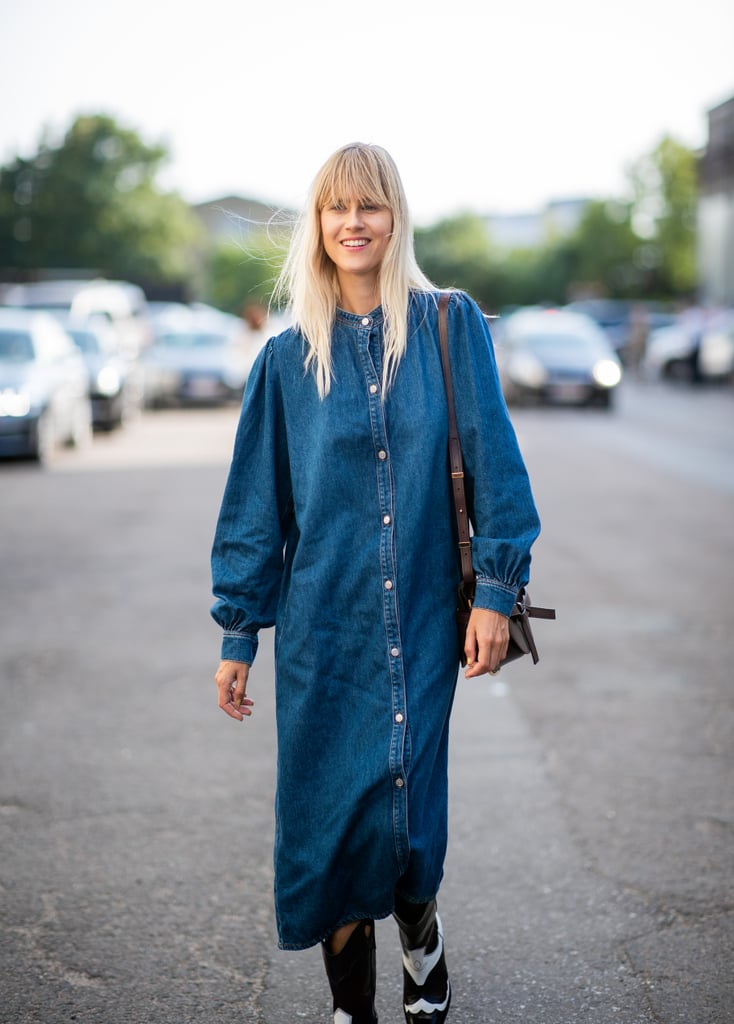 Oomph up a long denim maxi dress with a two-tone pair.