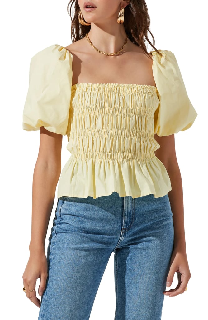 ASTR the Label Bubble-Sleeve Smocked Blouse