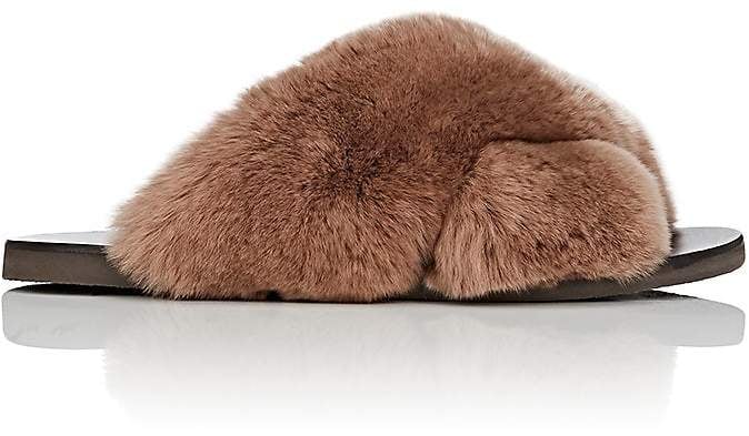 Barneys New York Rabbit Fur Crisscross-Strap Slide Sandals