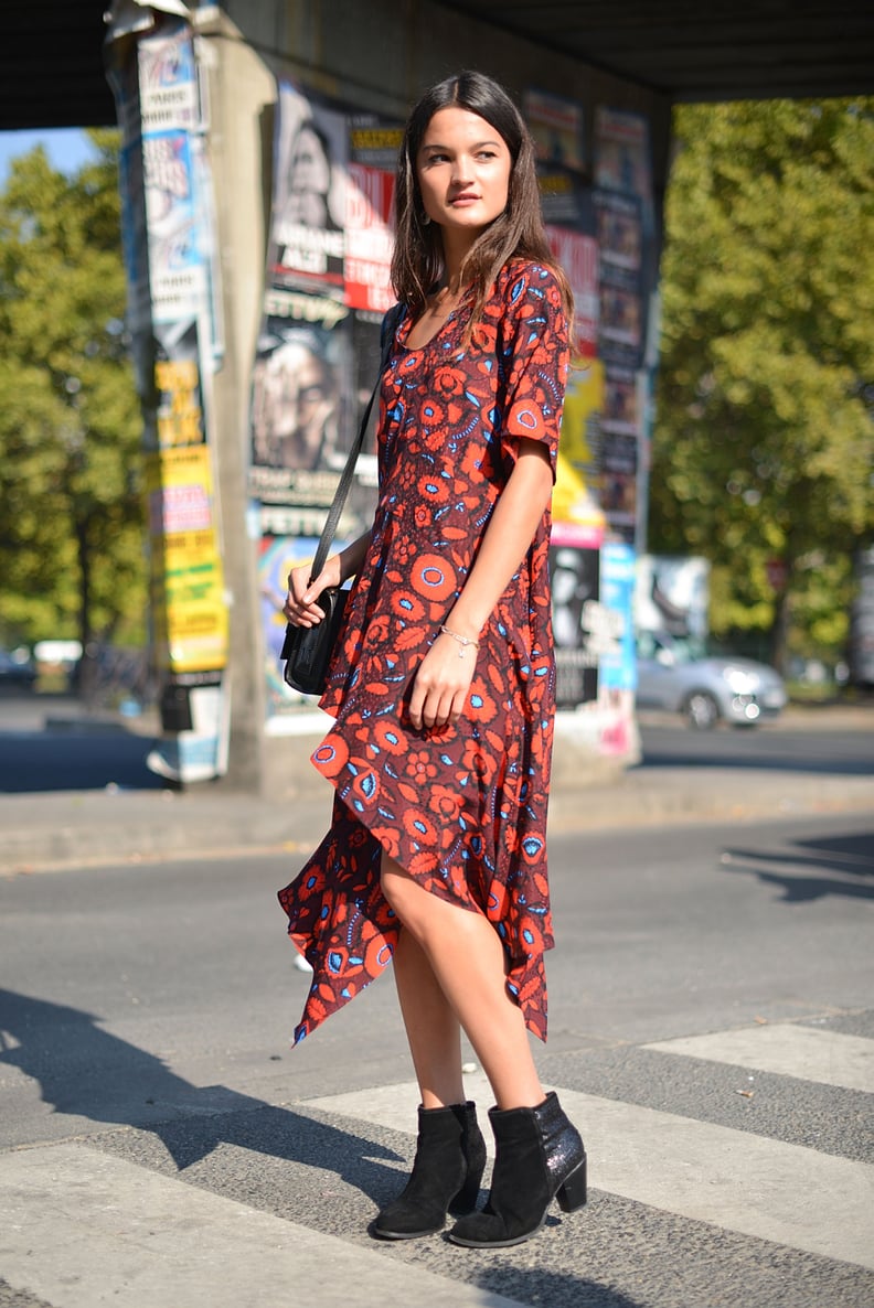 A '90s-inspired floral dress with ankle boots