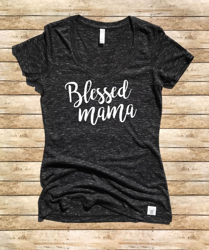 Etsy Women's Form Fitted V-Neck Blessed Mama Cursive T-Shirt