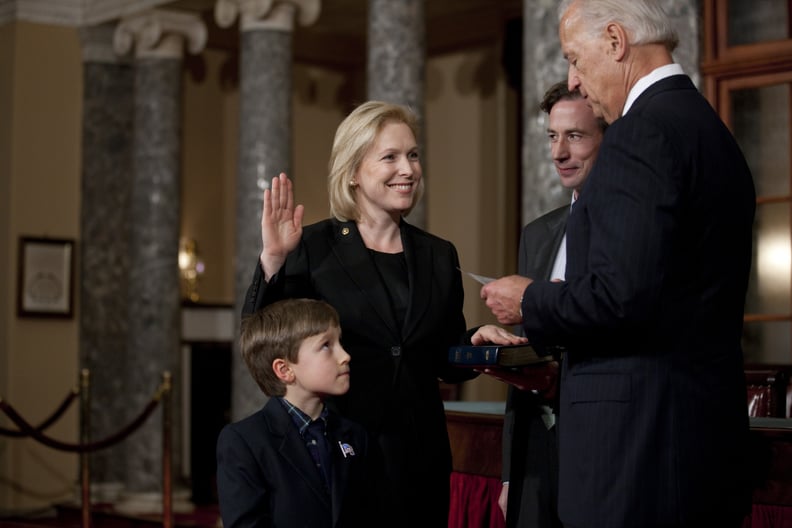 Sen. Kirsten Gillibrand, D-N.Y. participates in a reenactment of her swearing in ceremony with Vice President Joe Biden (R), inside the Old Senate Chamber on Capitol Hill in Washington, DC. (Photo by Brooks Kraft LLC/Corbis via Getty Images)