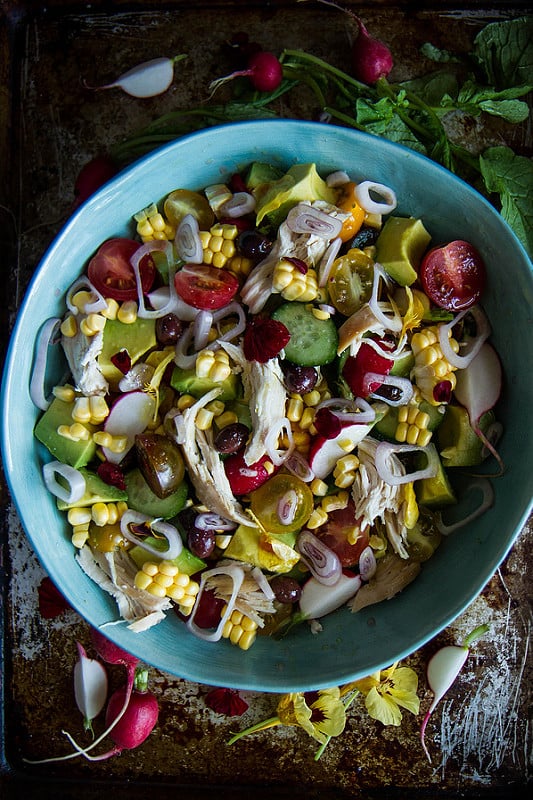 Chicken, Corn, Avocado, and Cucumber Salad With Garlic Honey