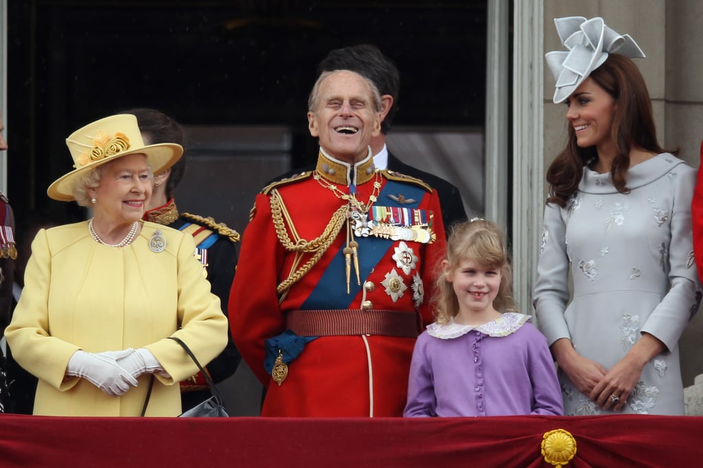 Philip marveled at the air show with his granddaughter Lady Louise Windsor and Kate Middleton during the Trooping the Colour ceremony in June 2012.