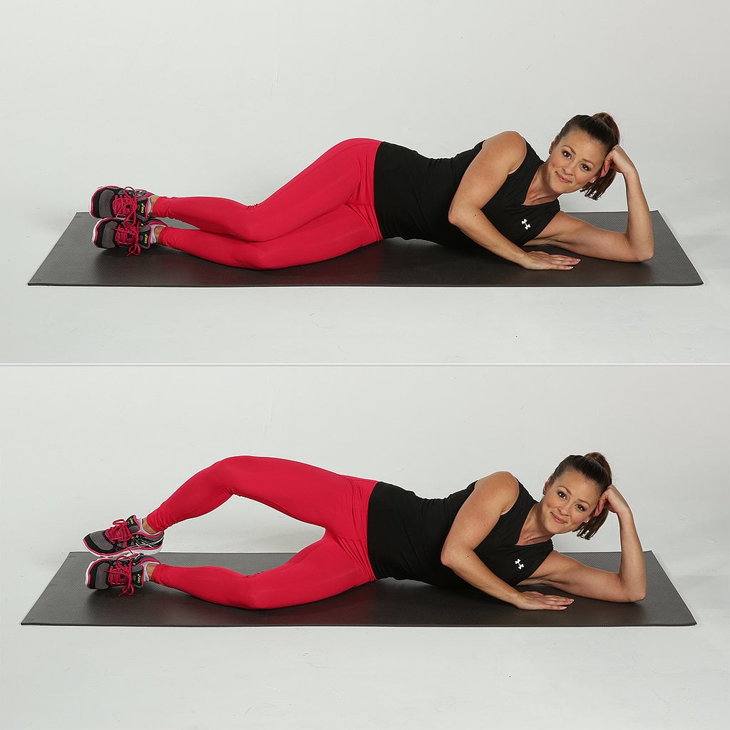 Clam Series
Reps: 20, each side

Lie on your left side with your knees and hips bent to about 45 degrees with your heels in line with your butt. Reach your right hip toward your feet to even out your knees and lift your bottom waist off the floor. Your pelvis should be level in this side-lying neutral position. 
Keeping your feet together and your pelvis still, raise your right knee toward the ceiling, then slowly lower your knee to complete one rep.

There is not a lot moving in this simple sculpting exercise, but get ready to feel a burn at your panty line.