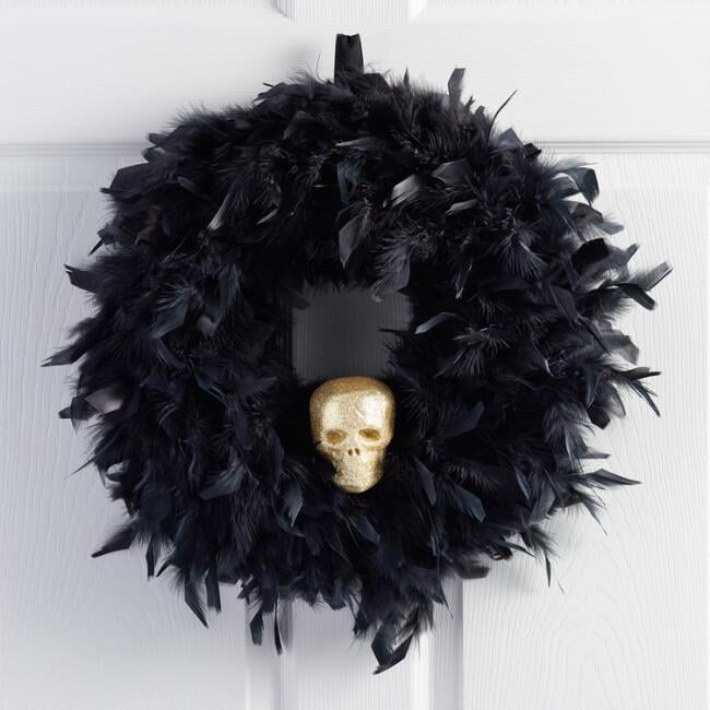 Black Feather And Skull Wreath 25 17 World Market Halloween