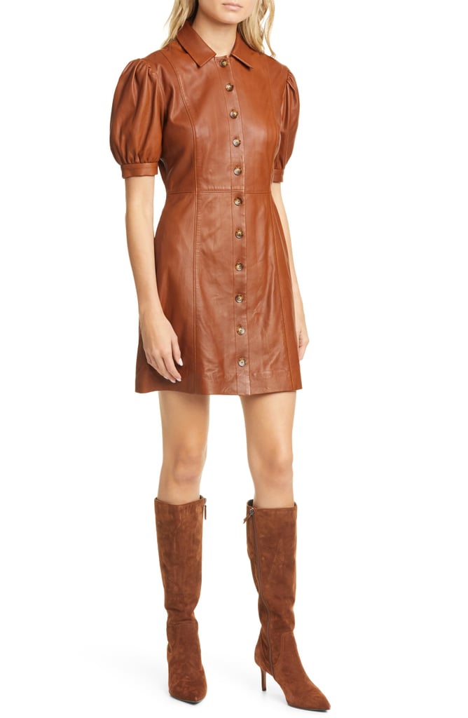 Joie Fidal Puff Sleeve Fit & Flare Leather Dress