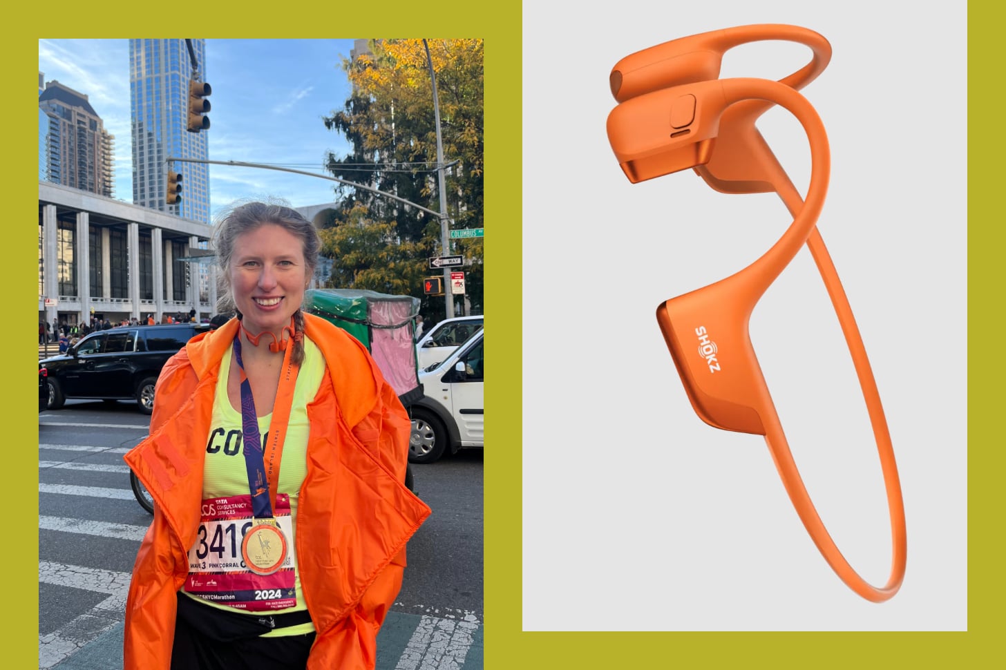 Writer Courtney Campbell after running a marathon wearing orange Shokz headphones.
