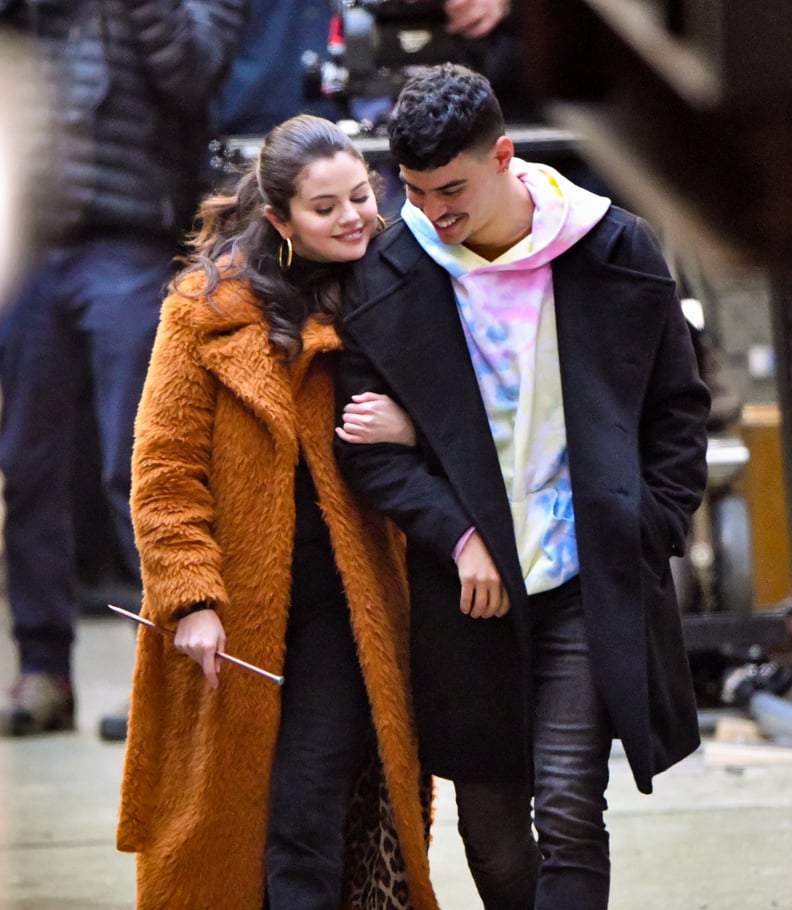 NEW YORK, NY - FEBRUARY 24:  Selena Gomez and Aaron Dominguez seen on the set of 'Only Murders in the Building' in Manhattan on February 24, 2021 in New York City.  (Photo by James Devaney/GC Images)