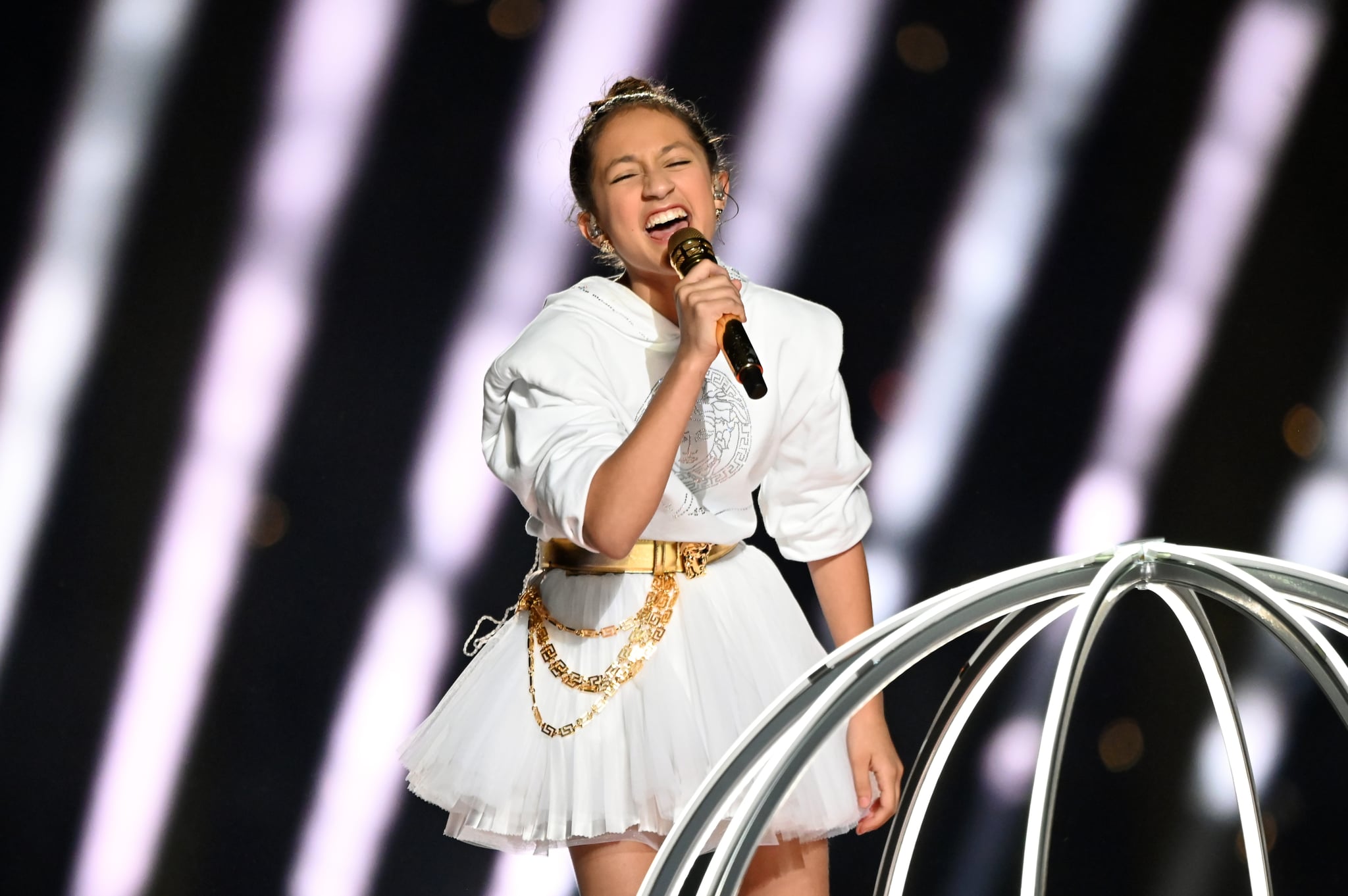 MIAMI, FLORIDA - FEBRUARY 02: Emme Maribel Muñiz performs onstage during the Pepsi Super Bowl LIV Halftime Show at Hard Rock Stadium on February 02, 2020 in Miami, Florida. (Photo by Kevin Mazur/WireImage)