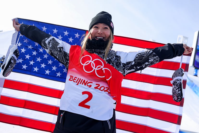 ZHANGJIAKOU, CHINA - FEBRUARY 10: Chloe Kim of Team United States celebrates winning the gold medal during the Women's Snowboard Halfpipe Final on Day 6 of the Beijing 2022 Winter Olympics at Genting Snow Park on February 10, 2022 in Zhangjiakou, China. (