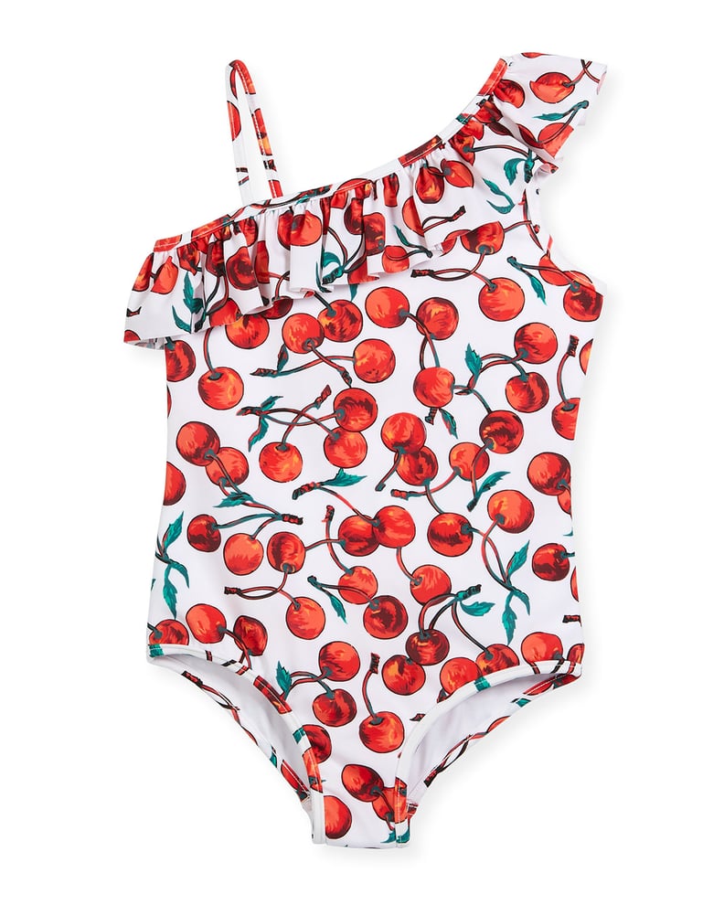 Milly Minis One-Shoulder Ruffle Cherry-Print One-Piece Swimsuit