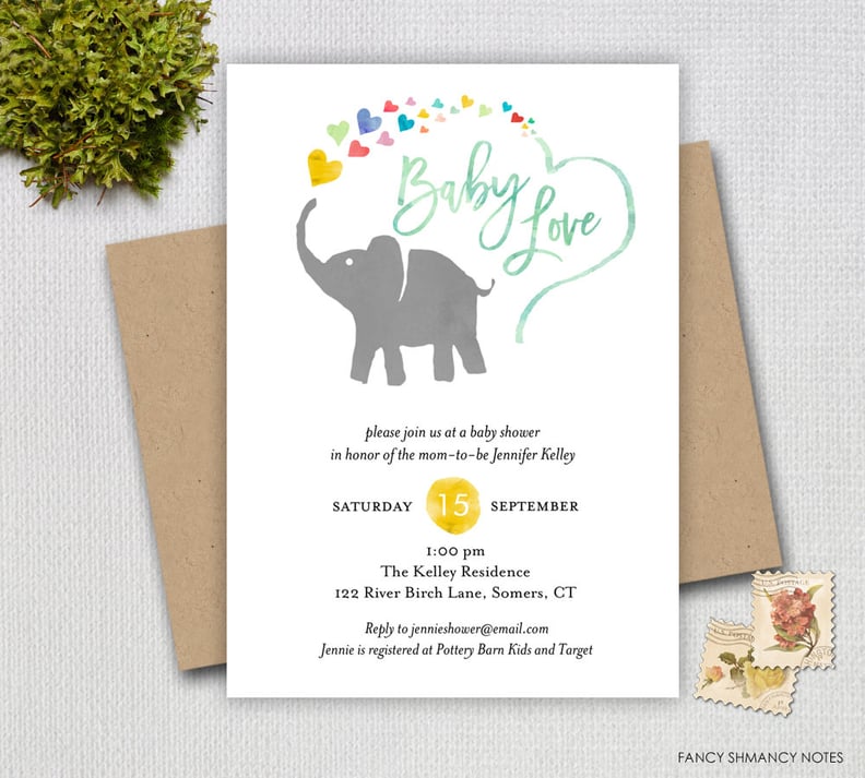 Elephant With Rainbow Hearts Invitation