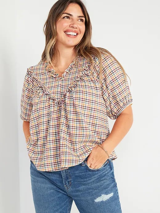 Old Navy Oversized Short Sleeve Ruffled Dobby Gingham Blouse