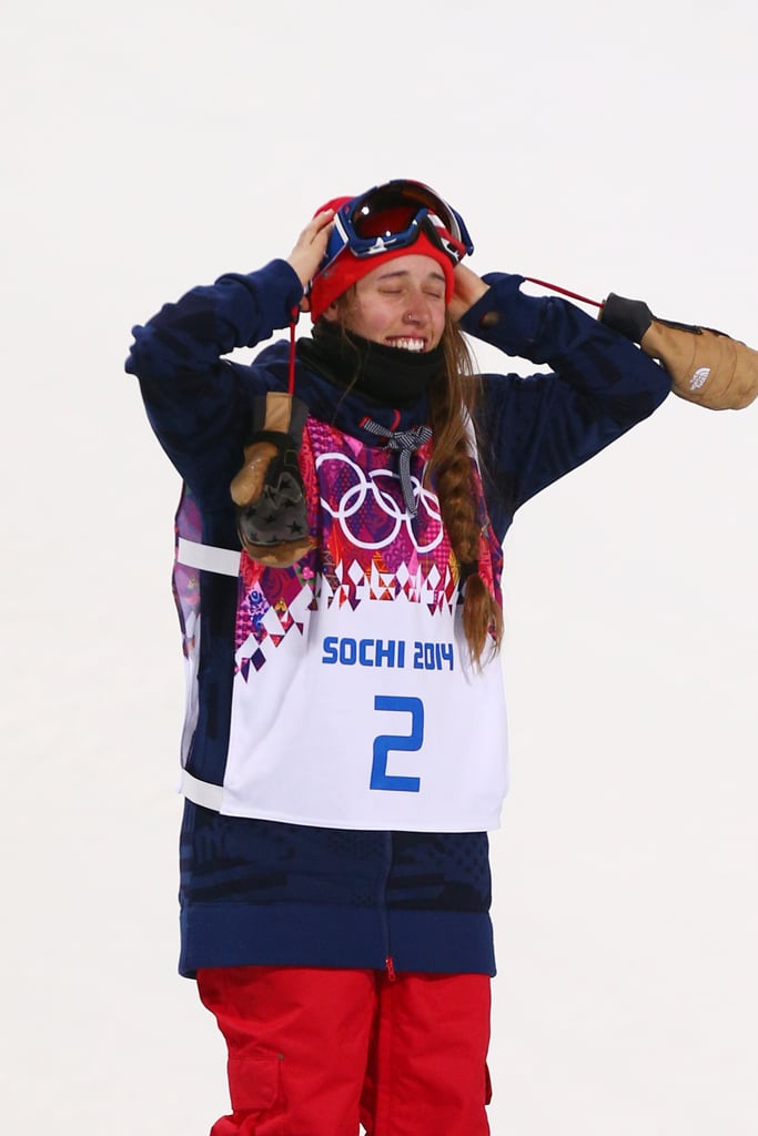 Gold medalist Maddie Bowman of the United States celebrated during the flower ceremony for the women's half-pipe.