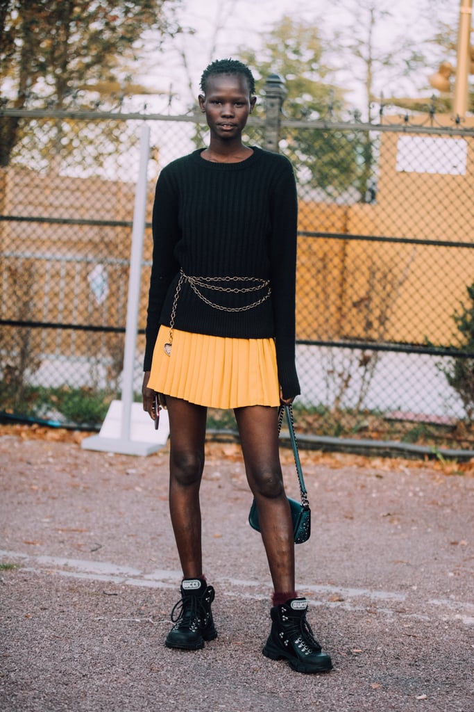 Tone down a colorful miniskirt with neutral extras.