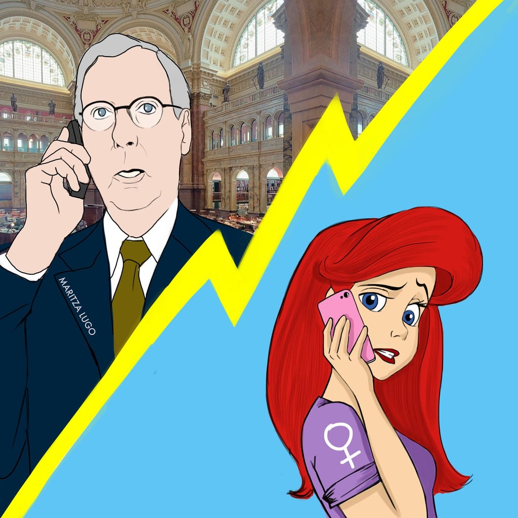 "Millions of Americans like you and I depend on the ACA [. . .] Please call your representatives. Don't sit on the sidelines," Maritza said of this illustration of Ariel from The Little Mermaid making a call.