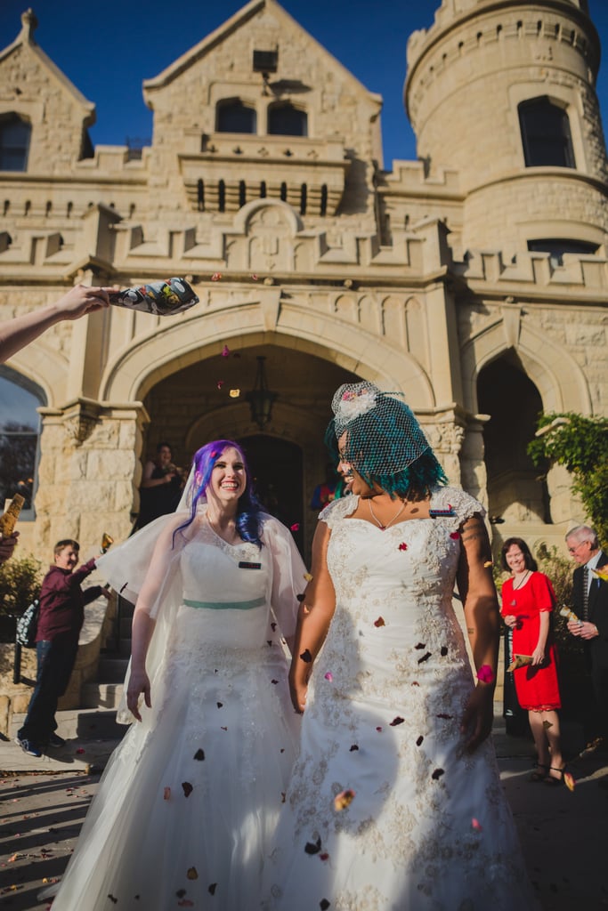These two brides were engaged for over five years and wanted to make their wedding day as special as possible, centering it around their interests in all things "geeky" and "electric." See the wedding now!