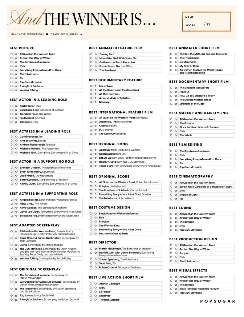 Oscar Nominations 2024 Printable Ballot Free Printable December 2024