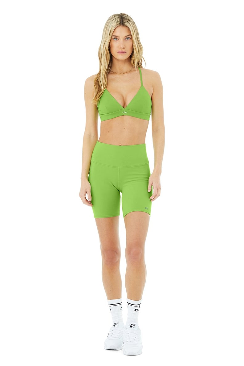 Shop Kendall Jenner's Neon Orange Alo Yoga Sports Bra And Bike Shorts