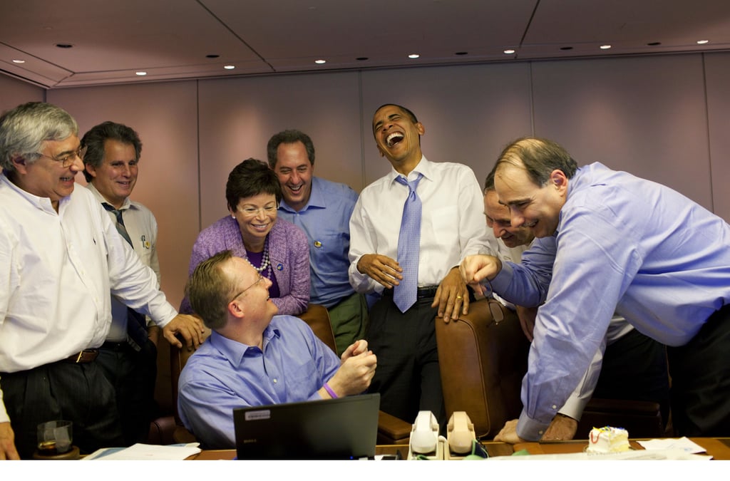 Joking with his staff aboard Air Force One while heading to the Summit of the Americas.