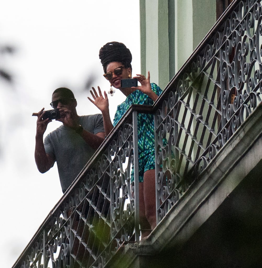 Beyoncé donned yet another printed ensemble while waving from her Havana hotel. Cat-eye sunglasses added a retro touch.