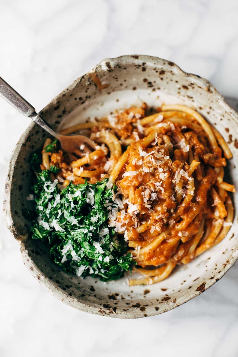 Creamy Pumpkin Spaghetti With Garlic Kale
