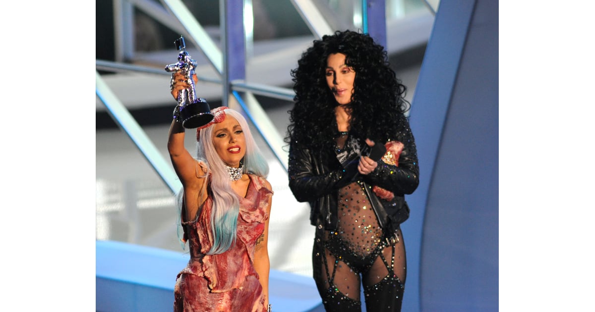 Lady Gaga Accepting An Award From Cher In Her Famous Meat Dress 2010