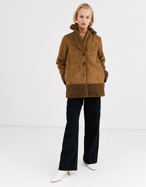 Only Shearling Jacket With Borg Trims in Brown