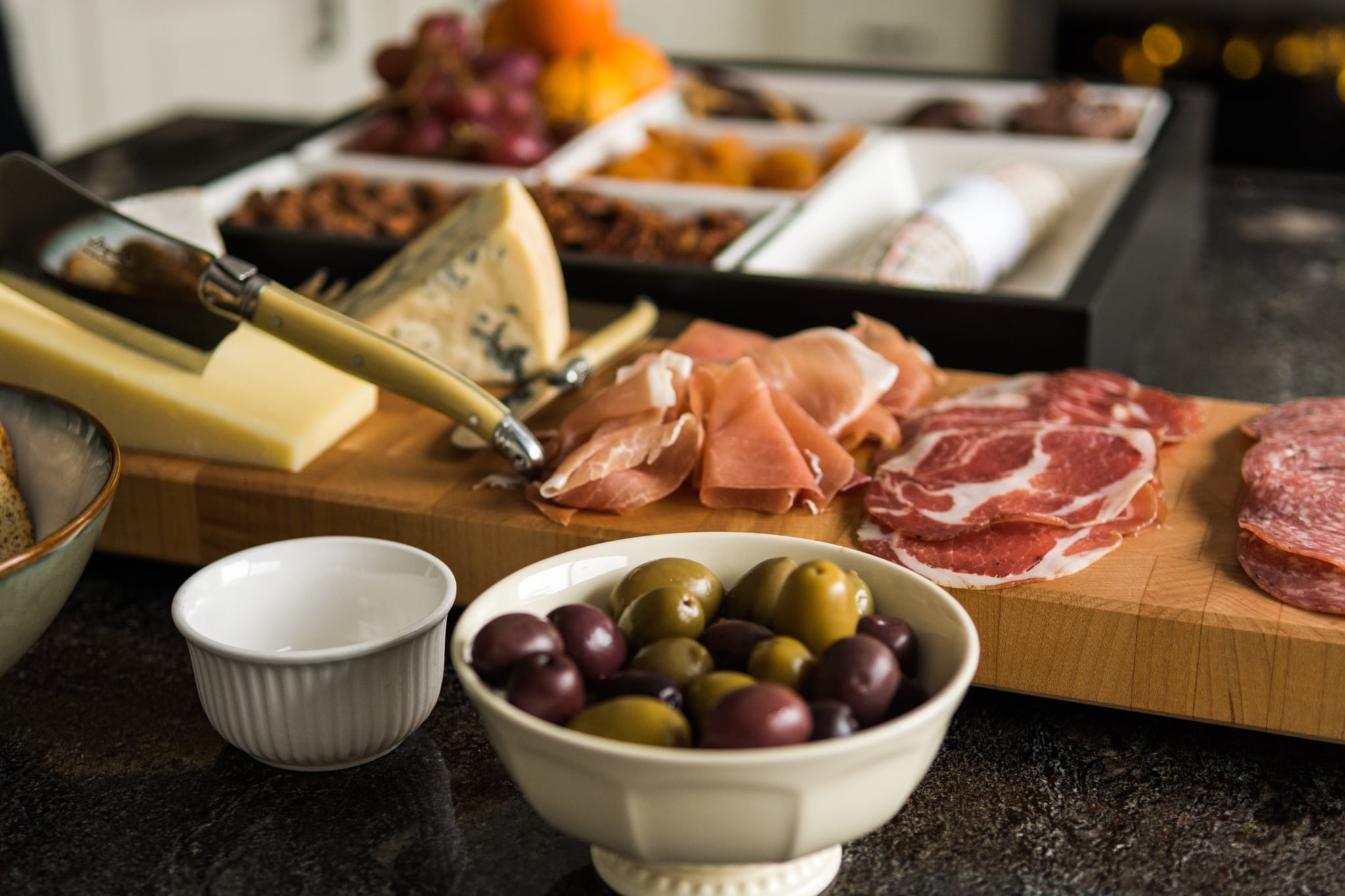 Holiday charcuterie put out for a small lunch time gathering.