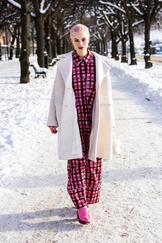 Layer a snow-white wool coat over printed pajamas and style with loafers, and you'll look chic as can be.