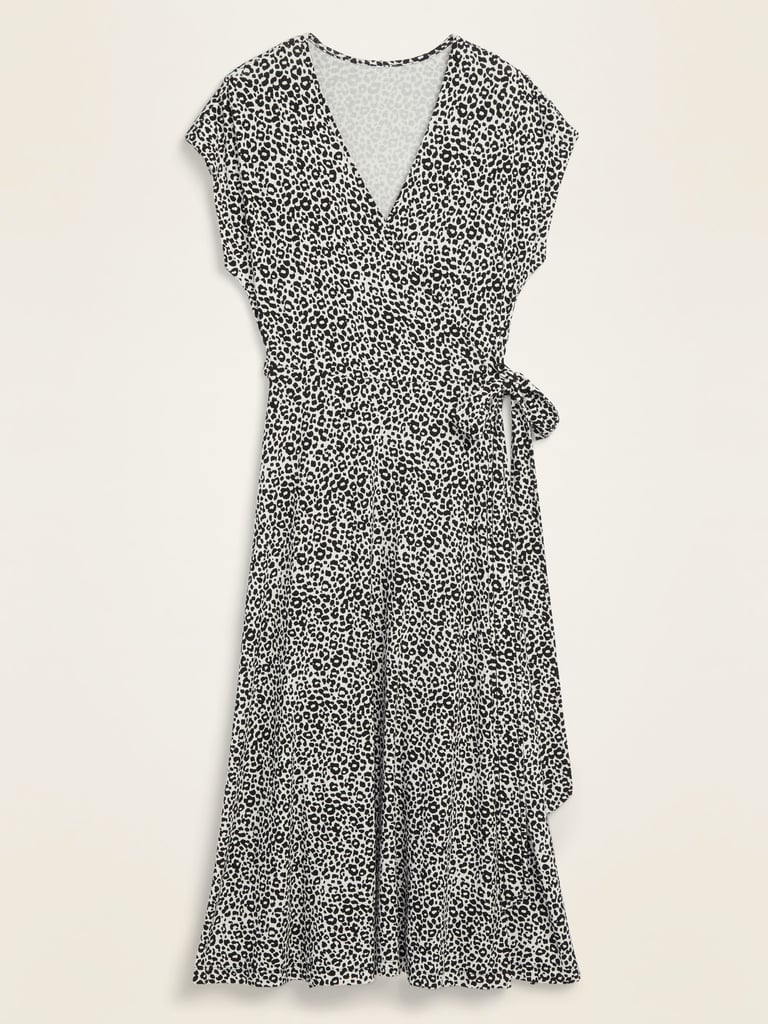 Wrap-Front Dolman-Sleeve Midi Dress in Leopard Print