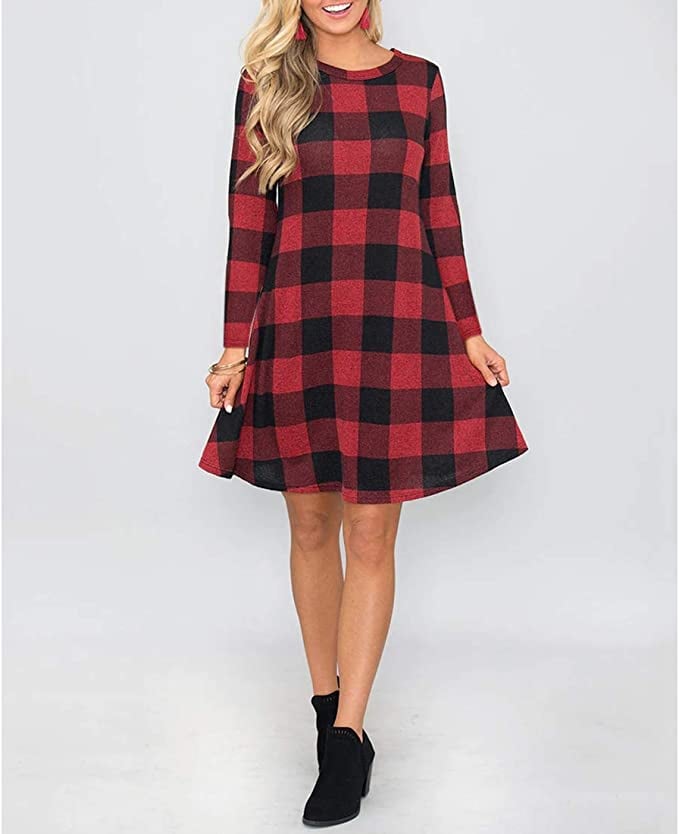 Mirol Plaid Color-Block Swing Tunic Dress With Pockets