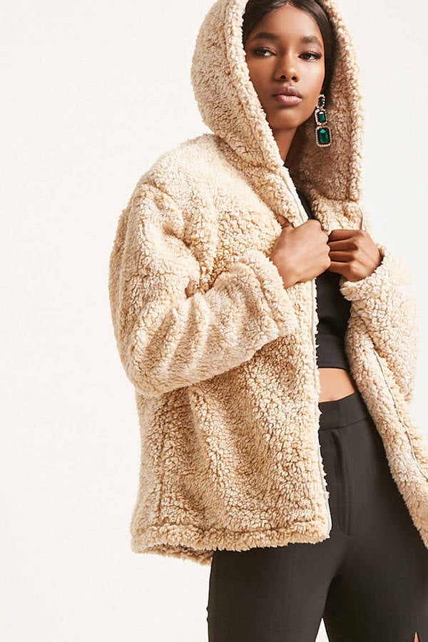 Forever 21 Hooded Faux Shearling Jacket | Best Coats From Forever 21 ...