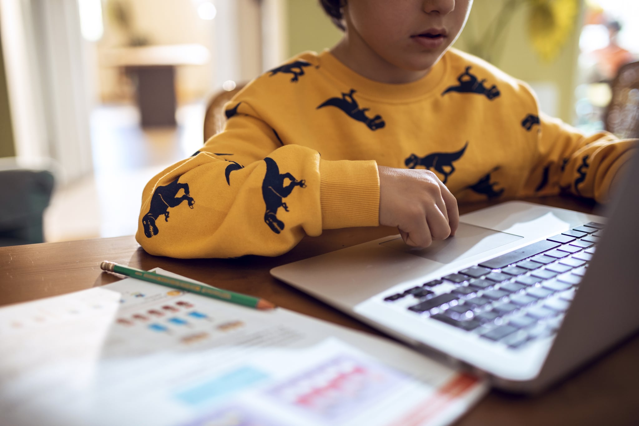 Close up of a young boy studying and doing homework using his laptop