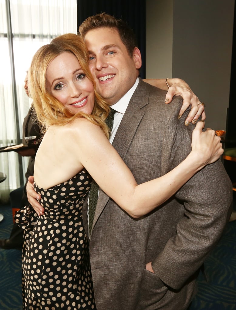 Leslie Mann greeted Jonah Hill with an embrace.