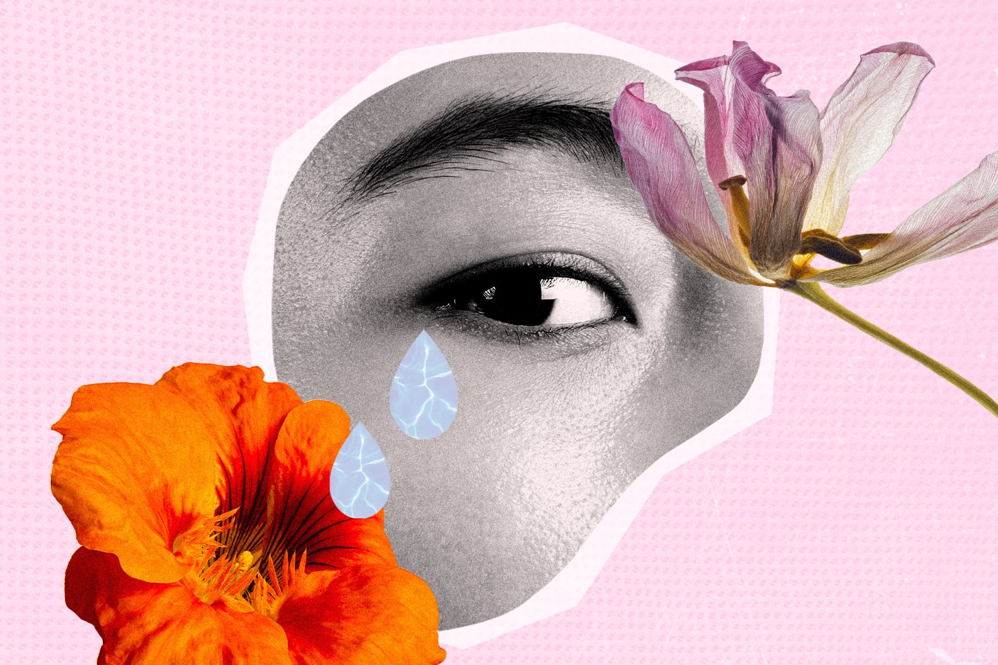 Collage of woman crying and flowers on a pink backdrop.