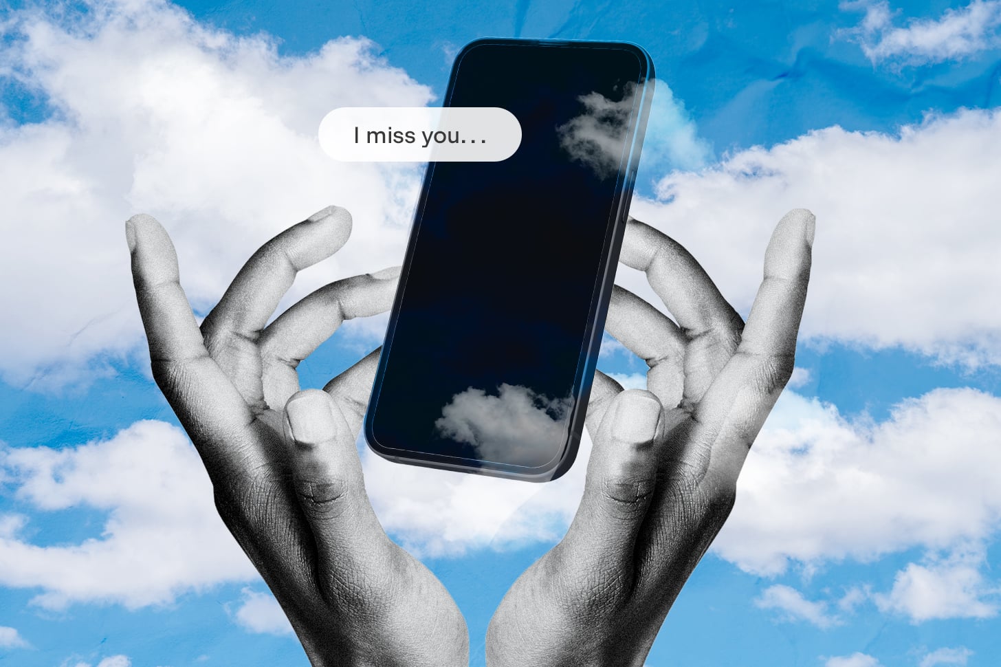 collage of an iphone and a text message over a cloud background