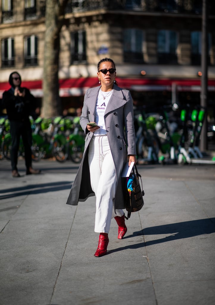 Make casual wide legs cooler with a graphic t-shirt and red boots.