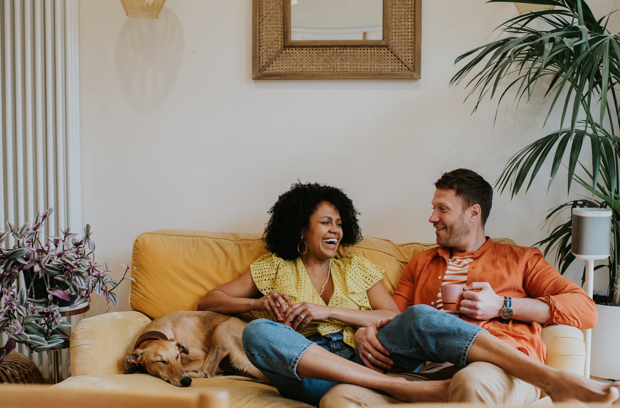 A beautiful black woman sits with her leg on her male partner's thigh.  They are comfortable and happy in an elegant living room on a soft yellow velvet sofa.  They laugh.  A lurcher dog is snuggled up and napping next to them.  Long wall mounted modern radiator visible in the background.  Space for copy.