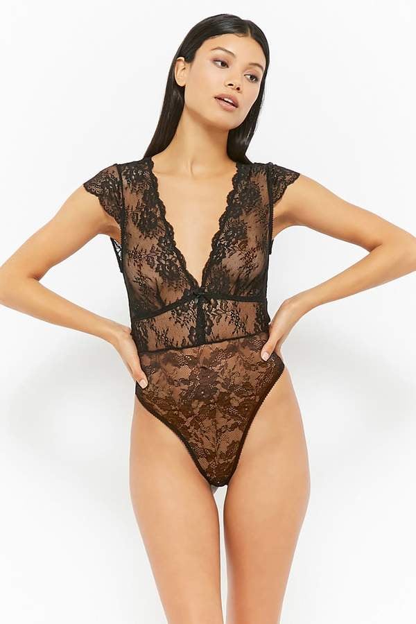 Forever 21 Women's Sheer Lace Lingerie Bodysuit Nude