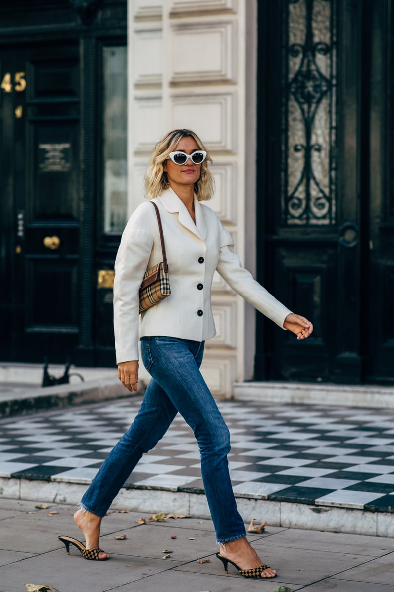 Make It All About Your Accessories With Checked Sandals, a Matching Checked Bag, and Simple Jeans