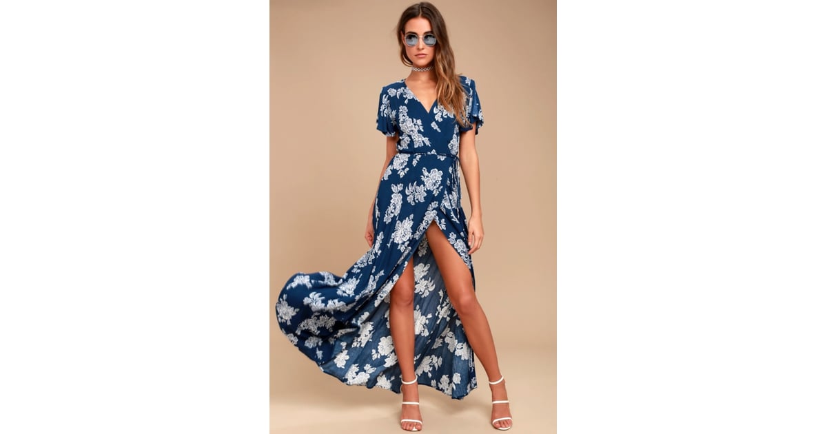 heart of marigold navy blue floral print wrap maxi dress