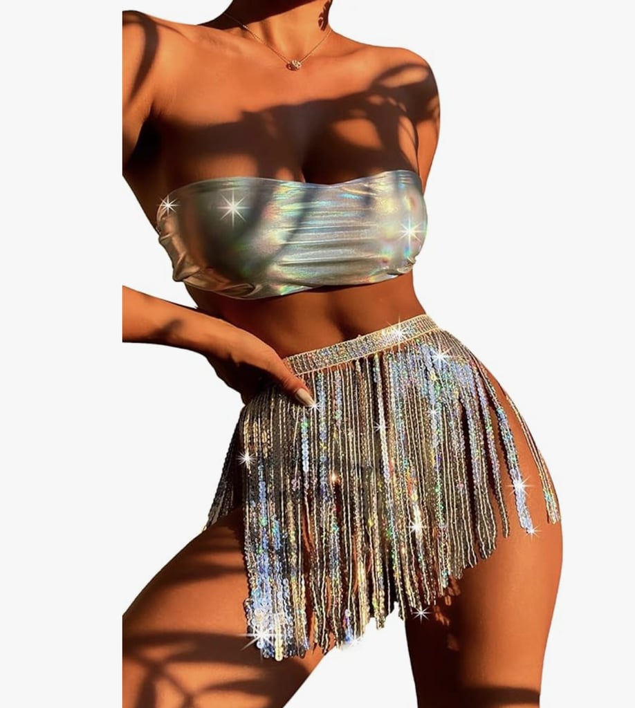 EDC Festival Metallic Holographic Bandeau and Sequin Tassel Skirt