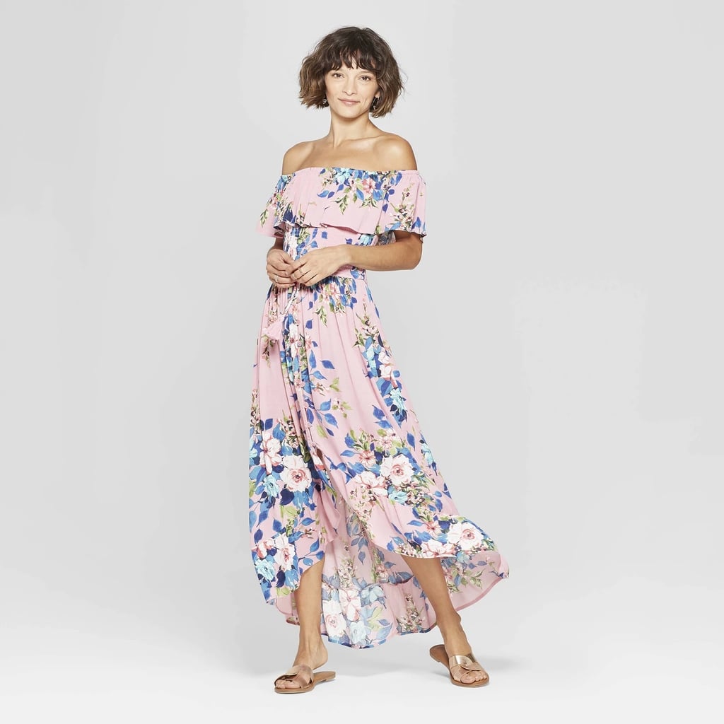 Floral Print Off-the-Shoulder High-Low Hem Maxi Dress