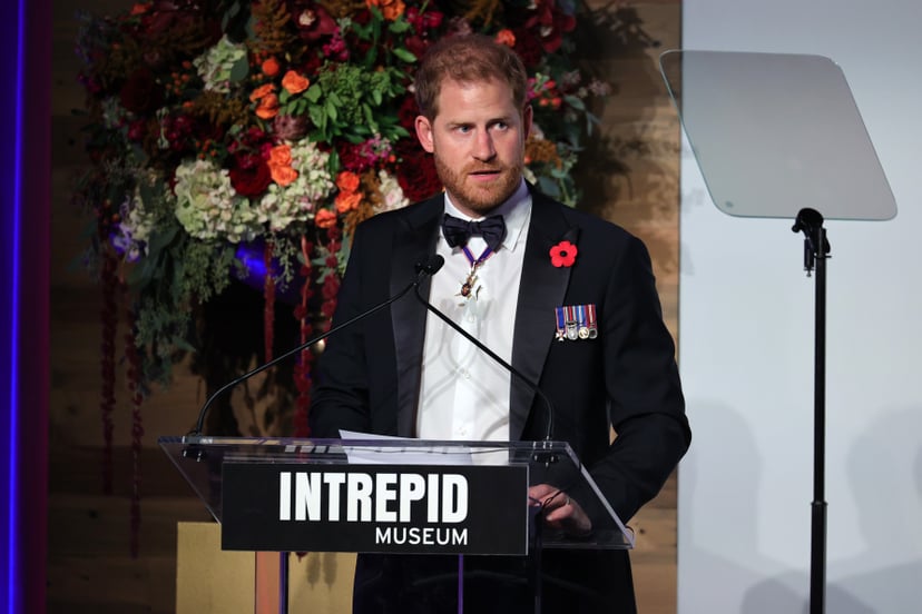 NEW YORK, NEW YORK - NOVEMBER 10: Prince Harry, Duke of Sussex speaks on stage as Intrepid Museum hosts Annual Salute To Freedom Gala on November 10, 2021 in New York City. (Photo by Theo Wargo/Getty Images for Intrepid Sea, Air, & Space Museum)