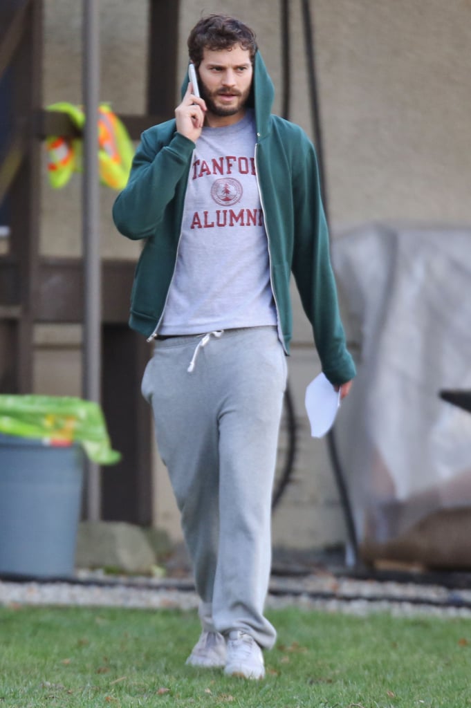 Jamie Dornan stayed comfy on the set of The 9th Life of Louis Drax on Saturday.