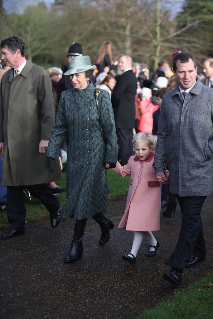 Princess Anne, Peter Phillips, and Daughter Isla Phillips at Christmas Mass in King's Lynn, England, in 2016