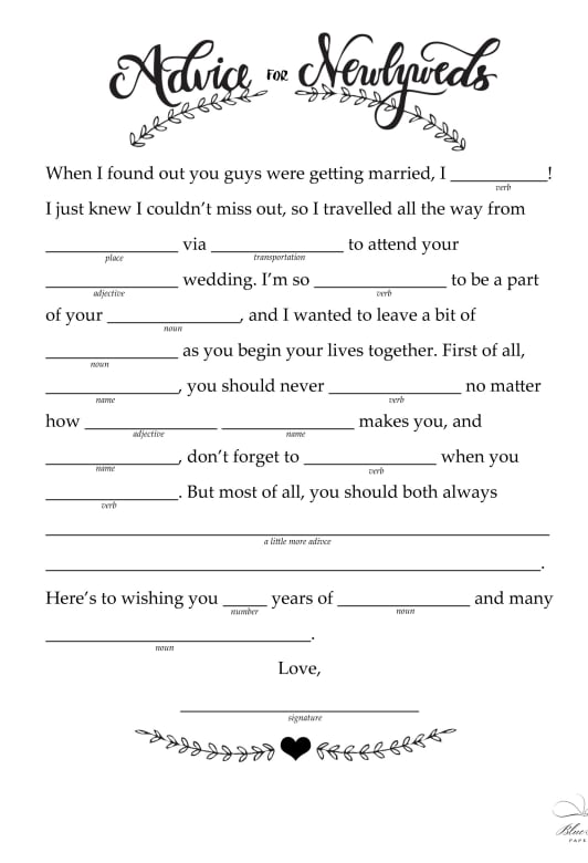 DIY Instant Download Bridal Shower Mad Libs Game Bridal Shower Game Printable Decorations