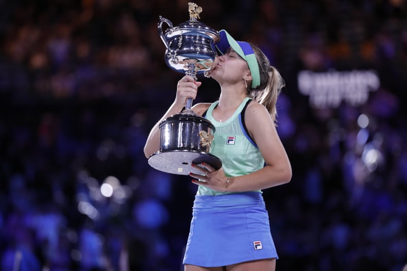 MELBOURNE, AUSTRALIA - FEBRUARY 01: Sofia Kenin of the United States poses with the Daphne Akhurst Memorial Cup after winning her Women's Singles Final match against Garbine Muguruza of Spain on day thirteen of the 2020 Australian Open at Melbourne Park o